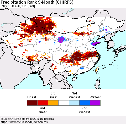 China, Mongolia and Taiwan Precipitation Rank since 1981, 9-Month (CHIRPS) Thematic Map For 5/1/2022 - 1/31/2023