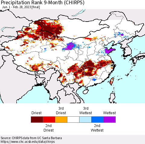 China, Mongolia and Taiwan Precipitation Rank since 1981, 9-Month (CHIRPS) Thematic Map For 6/1/2022 - 2/28/2023