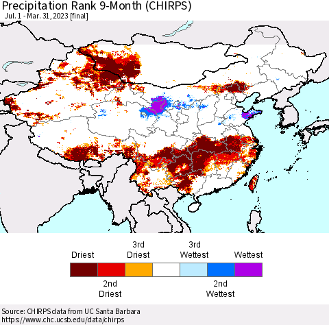China, Mongolia and Taiwan Precipitation Rank since 1981, 9-Month (CHIRPS) Thematic Map For 7/1/2022 - 3/31/2023