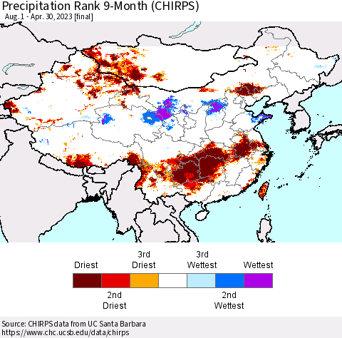 China, Mongolia and Taiwan Precipitation Rank since 1981, 9-Month (CHIRPS) Thematic Map For 8/1/2022 - 4/30/2023