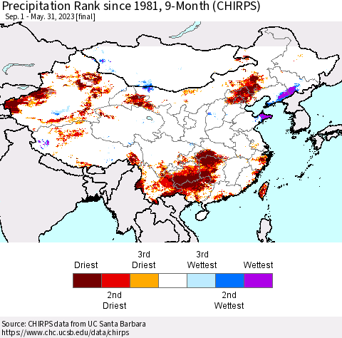 China, Mongolia and Taiwan Precipitation Rank since 1981, 9-Month (CHIRPS) Thematic Map For 9/1/2022 - 5/31/2023