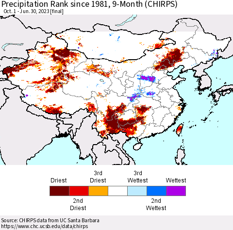 China, Mongolia and Taiwan Precipitation Rank since 1981, 9-Month (CHIRPS) Thematic Map For 10/1/2022 - 6/30/2023