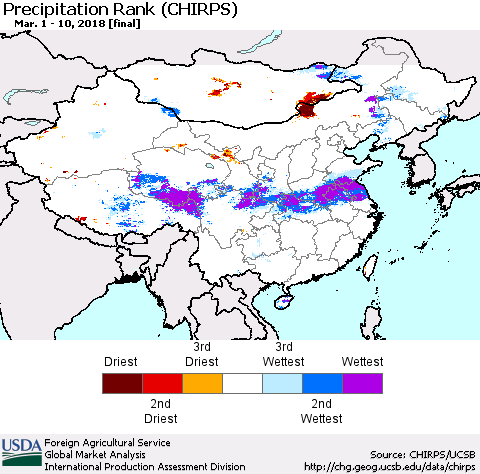 China, Mongolia and Taiwan Precipitation Rank since 1981 (CHIRPS) Thematic Map For 3/1/2018 - 3/10/2018