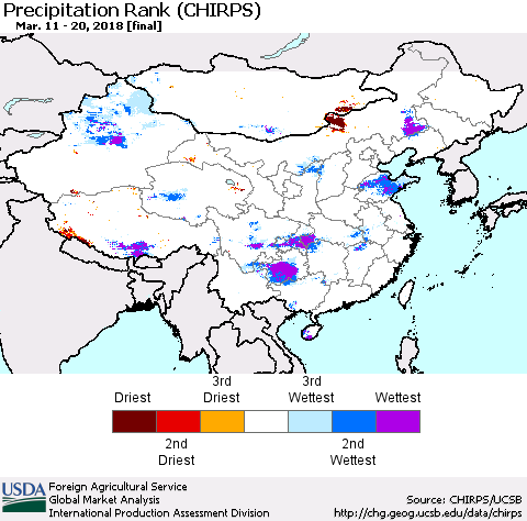 China, Mongolia and Taiwan Precipitation Rank since 1981 (CHIRPS) Thematic Map For 3/11/2018 - 3/20/2018