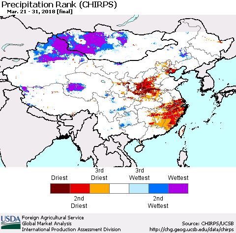 China, Mongolia and Taiwan Precipitation Rank since 1981 (CHIRPS) Thematic Map For 3/21/2018 - 3/31/2018