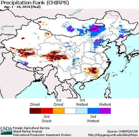 China, Mongolia and Taiwan Precipitation Rank since 1981 (CHIRPS) Thematic Map For 4/1/2018 - 4/10/2018