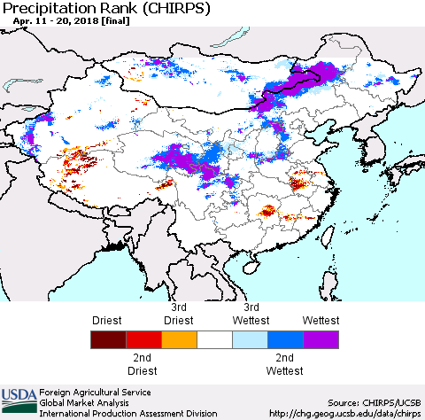 China, Mongolia and Taiwan Precipitation Rank since 1981 (CHIRPS) Thematic Map For 4/11/2018 - 4/20/2018