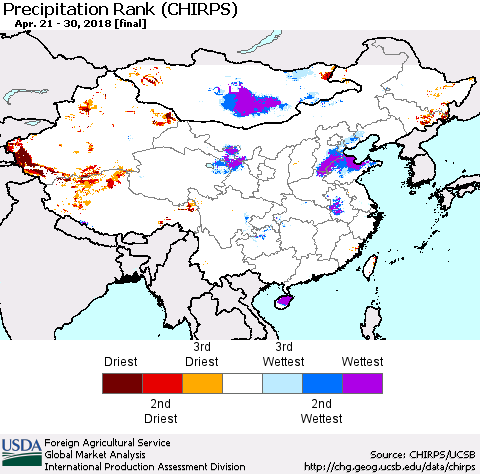 China, Mongolia and Taiwan Precipitation Rank since 1981 (CHIRPS) Thematic Map For 4/21/2018 - 4/30/2018