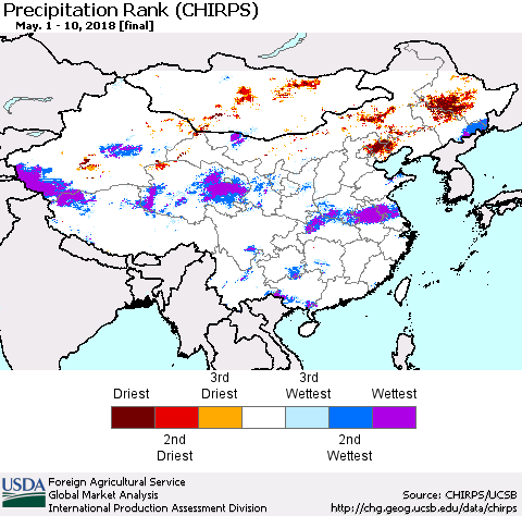 China, Mongolia and Taiwan Precipitation Rank since 1981 (CHIRPS) Thematic Map For 5/1/2018 - 5/10/2018