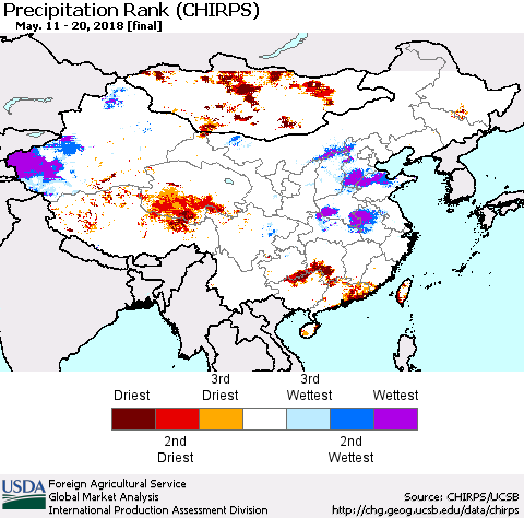 China, Mongolia and Taiwan Precipitation Rank since 1981 (CHIRPS) Thematic Map For 5/11/2018 - 5/20/2018