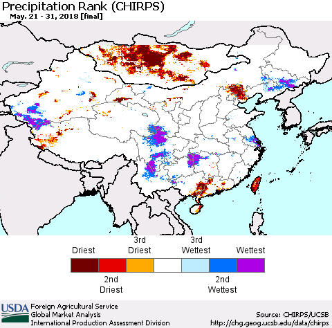 China, Mongolia and Taiwan Precipitation Rank since 1981 (CHIRPS) Thematic Map For 5/21/2018 - 5/31/2018