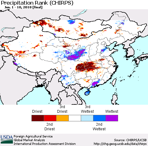 China, Mongolia and Taiwan Precipitation Rank since 1981 (CHIRPS) Thematic Map For 6/1/2018 - 6/10/2018