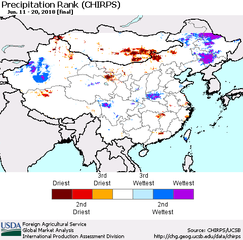 China, Mongolia and Taiwan Precipitation Rank since 1981 (CHIRPS) Thematic Map For 6/11/2018 - 6/20/2018