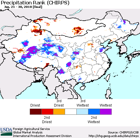 China, Mongolia and Taiwan Precipitation Rank since 1981 (CHIRPS) Thematic Map For 6/21/2018 - 6/30/2018