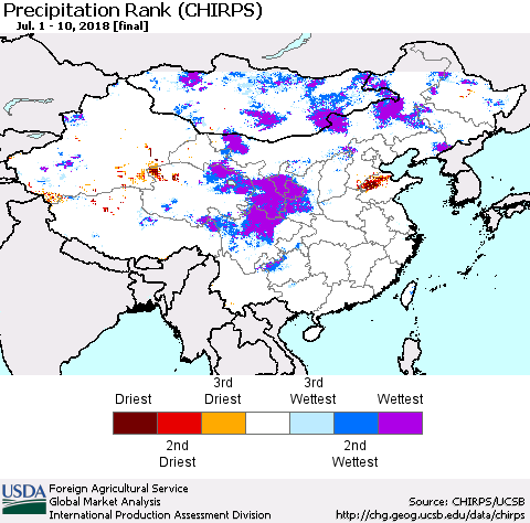 China, Mongolia and Taiwan Precipitation Rank since 1981 (CHIRPS) Thematic Map For 7/1/2018 - 7/10/2018