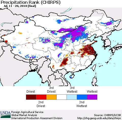 China, Mongolia and Taiwan Precipitation Rank since 1981 (CHIRPS) Thematic Map For 7/11/2018 - 7/20/2018