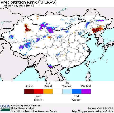 China, Mongolia and Taiwan Precipitation Rank since 1981 (CHIRPS) Thematic Map For 7/21/2018 - 7/31/2018