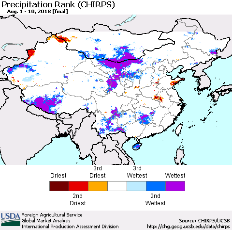 China, Mongolia and Taiwan Precipitation Rank since 1981 (CHIRPS) Thematic Map For 8/1/2018 - 8/10/2018