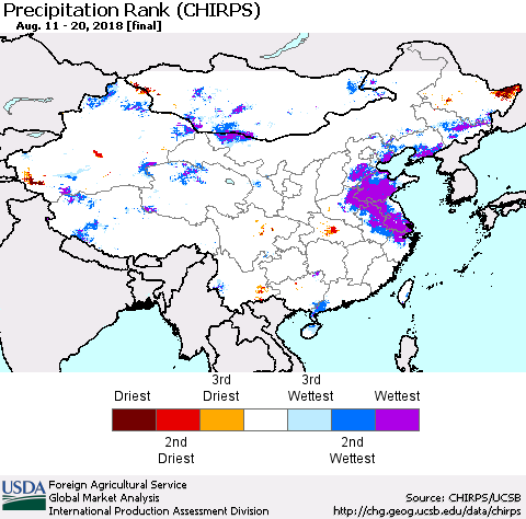 China, Mongolia and Taiwan Precipitation Rank since 1981 (CHIRPS) Thematic Map For 8/11/2018 - 8/20/2018