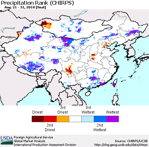 China, Mongolia and Taiwan Precipitation Rank since 1981 (CHIRPS) Thematic Map For 8/21/2018 - 8/31/2018