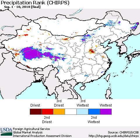 China and Taiwan Precipitation Rank (CHIRPS) Thematic Map For 9/1/2018 - 9/10/2018