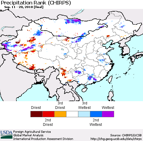 China, Mongolia and Taiwan Precipitation Rank since 1981 (CHIRPS) Thematic Map For 9/11/2018 - 9/20/2018