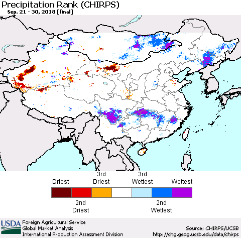 China and Taiwan Precipitation Rank (CHIRPS) Thematic Map For 9/21/2018 - 9/30/2018