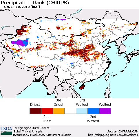 China and Taiwan Precipitation Rank (CHIRPS) Thematic Map For 10/1/2018 - 10/10/2018