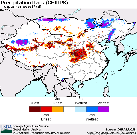 China and Taiwan Precipitation Rank (CHIRPS) Thematic Map For 10/21/2018 - 10/31/2018