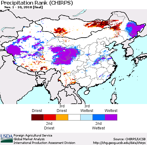 China, Mongolia and Taiwan Precipitation Rank since 1981 (CHIRPS) Thematic Map For 11/1/2018 - 11/10/2018
