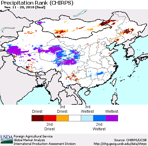 China, Mongolia and Taiwan Precipitation Rank since 1981 (CHIRPS) Thematic Map For 11/11/2018 - 11/20/2018