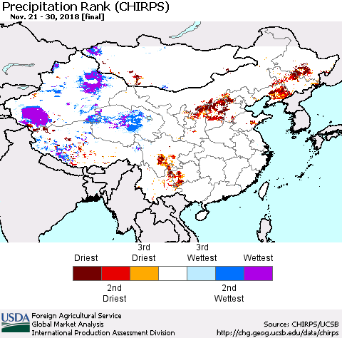 China and Taiwan Precipitation Rank (CHIRPS) Thematic Map For 11/21/2018 - 11/30/2018