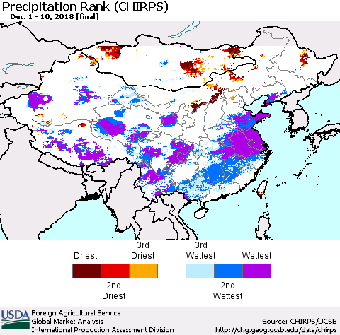China and Taiwan Precipitation Rank (CHIRPS) Thematic Map For 12/1/2018 - 12/10/2018