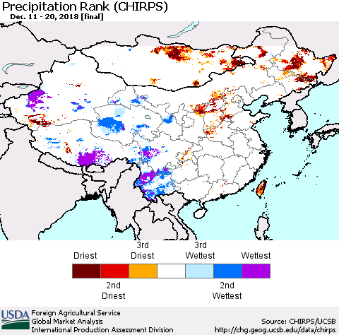 China, Mongolia and Taiwan Precipitation Rank since 1981 (CHIRPS) Thematic Map For 12/11/2018 - 12/20/2018
