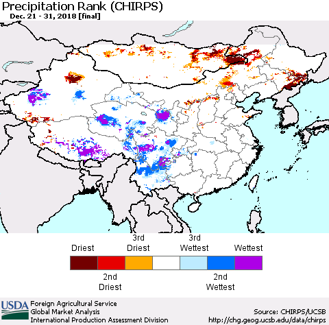 China, Mongolia and Taiwan Precipitation Rank since 1981 (CHIRPS) Thematic Map For 12/21/2018 - 12/31/2018