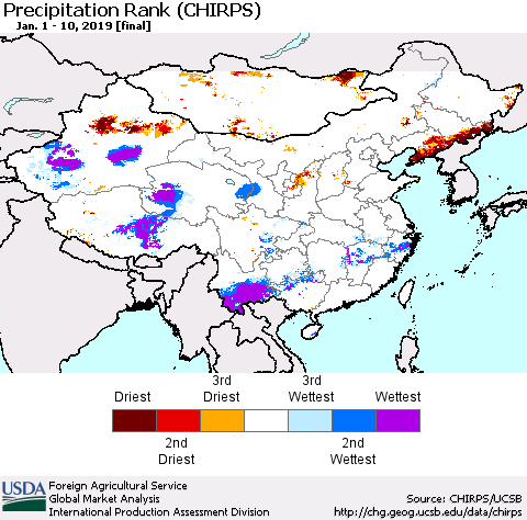 China and Taiwan Precipitation Rank (CHIRPS) Thematic Map For 1/1/2019 - 1/10/2019
