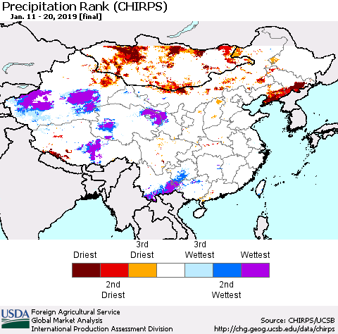China and Taiwan Precipitation Rank (CHIRPS) Thematic Map For 1/11/2019 - 1/20/2019