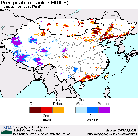 China and Taiwan Precipitation Rank (CHIRPS) Thematic Map For 1/21/2019 - 1/31/2019