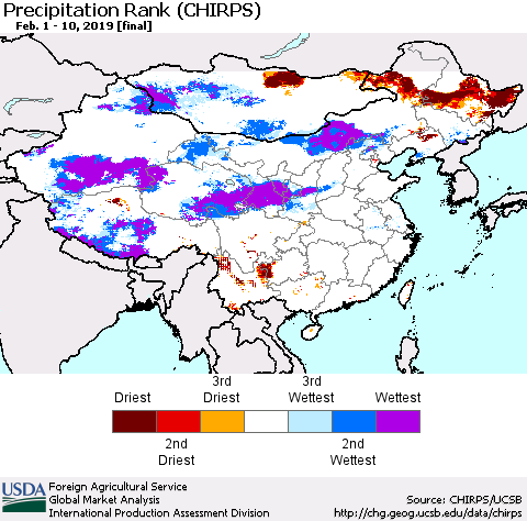 China and Taiwan Precipitation Rank (CHIRPS) Thematic Map For 2/1/2019 - 2/10/2019