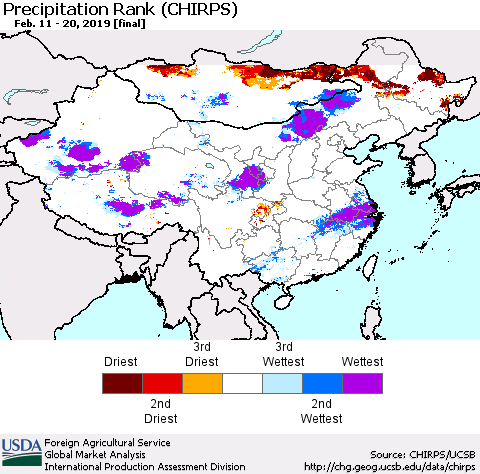 China and Taiwan Precipitation Rank (CHIRPS) Thematic Map For 2/11/2019 - 2/20/2019