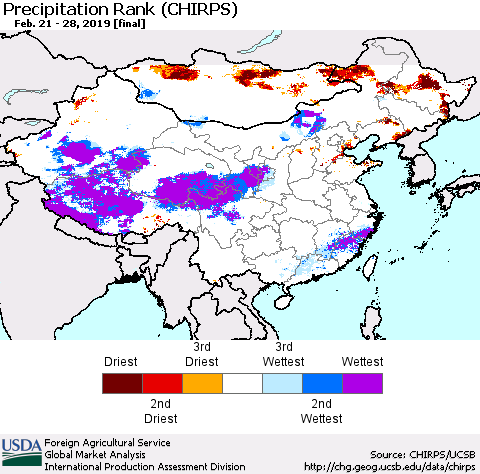 China and Taiwan Precipitation Rank (CHIRPS) Thematic Map For 2/21/2019 - 2/28/2019