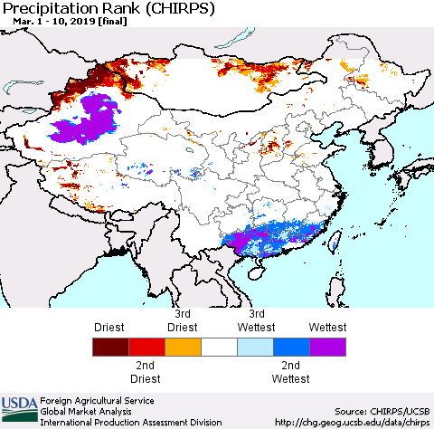 China, Mongolia and Taiwan Precipitation Rank since 1981 (CHIRPS) Thematic Map For 3/1/2019 - 3/10/2019