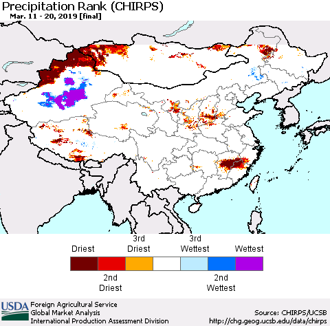 China and Taiwan Precipitation Rank (CHIRPS) Thematic Map For 3/11/2019 - 3/20/2019