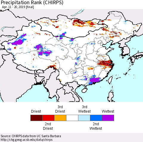 China, Mongolia and Taiwan Precipitation Rank since 1981 (CHIRPS) Thematic Map For 4/11/2019 - 4/20/2019