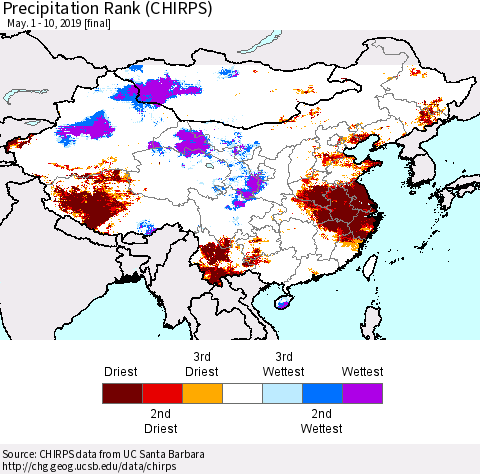 China and Taiwan Precipitation Rank (CHIRPS) Thematic Map For 5/1/2019 - 5/10/2019