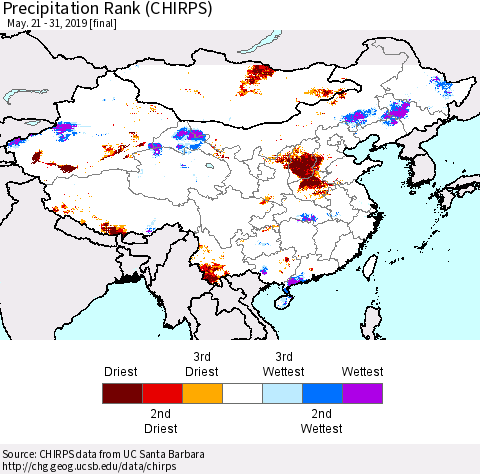 China, Mongolia and Taiwan Precipitation Rank since 1981 (CHIRPS) Thematic Map For 5/21/2019 - 5/31/2019