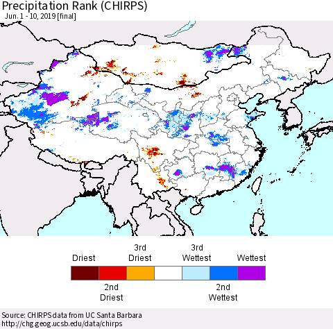China and Taiwan Precipitation Rank (CHIRPS) Thematic Map For 6/1/2019 - 6/10/2019