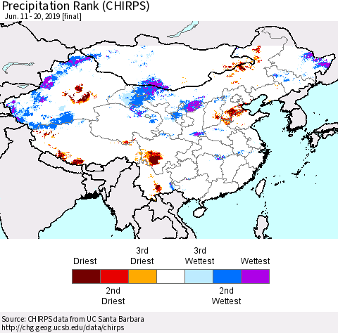 China, Mongolia and Taiwan Precipitation Rank since 1981 (CHIRPS) Thematic Map For 6/11/2019 - 6/20/2019