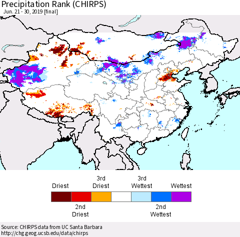 China and Taiwan Precipitation Rank (CHIRPS) Thematic Map For 6/21/2019 - 6/30/2019