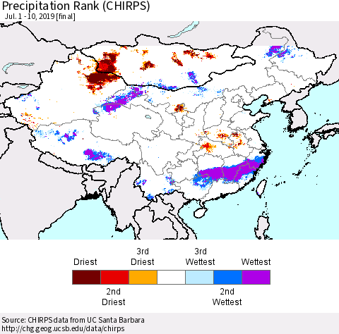 China and Taiwan Precipitation Rank (CHIRPS) Thematic Map For 7/1/2019 - 7/10/2019